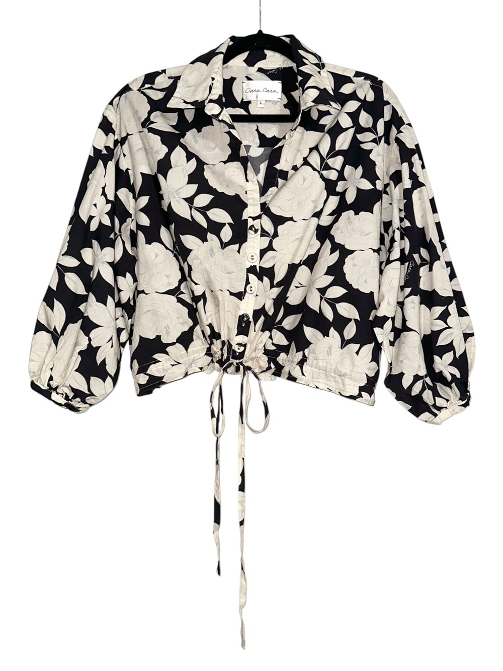 Cara Cara Hutton Black & Cream Floral Drawstring Button Down Cotton Top LARGE